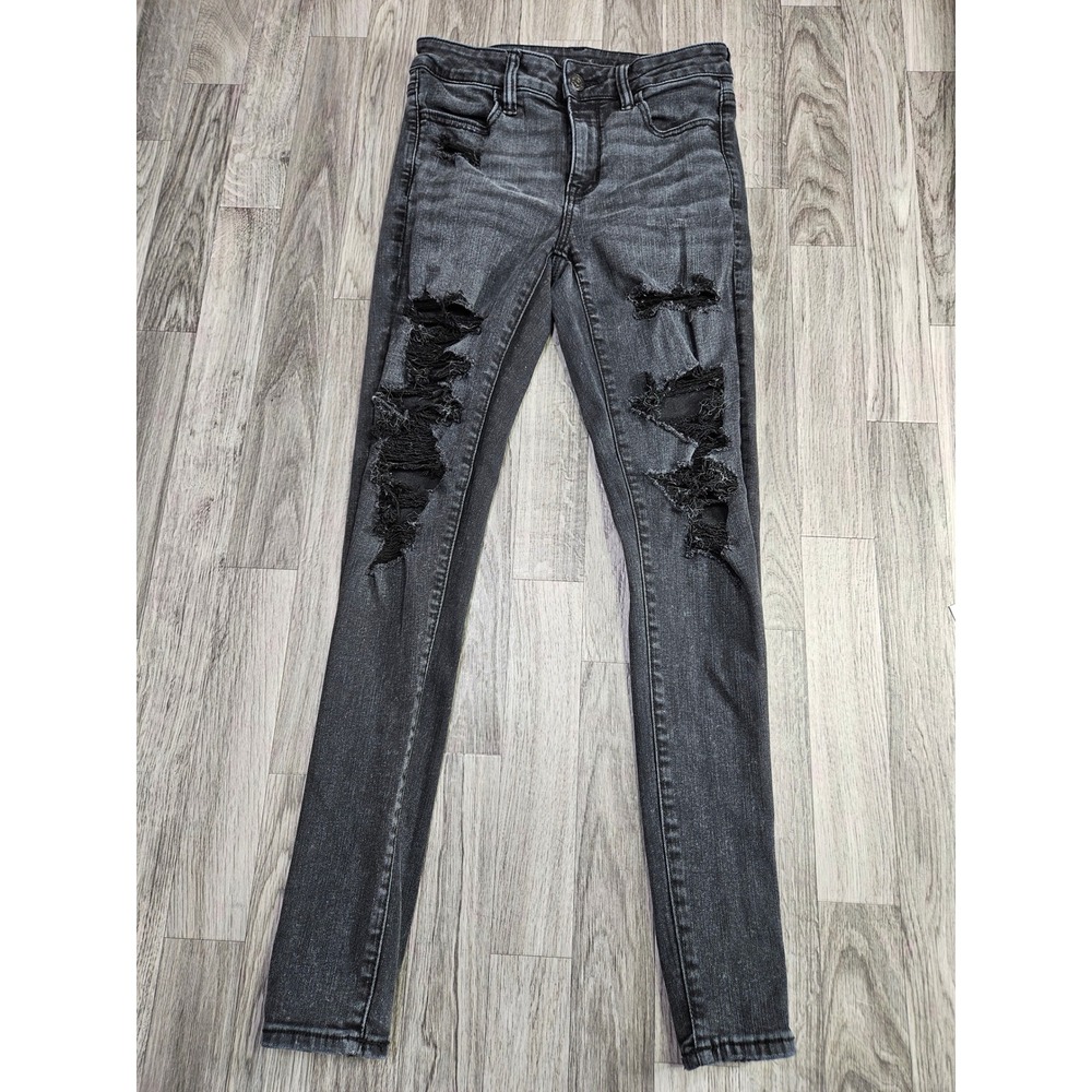 American Eagle Hi-Rise Jegging Women 4 Black Distressed Next Level Stretch Denim